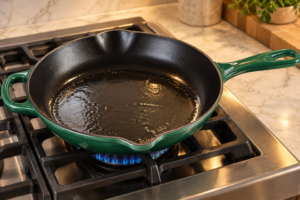 Two to three tablespoons rendered fat shimmering in an Artichaut Le Creuset cast-iron skillet
