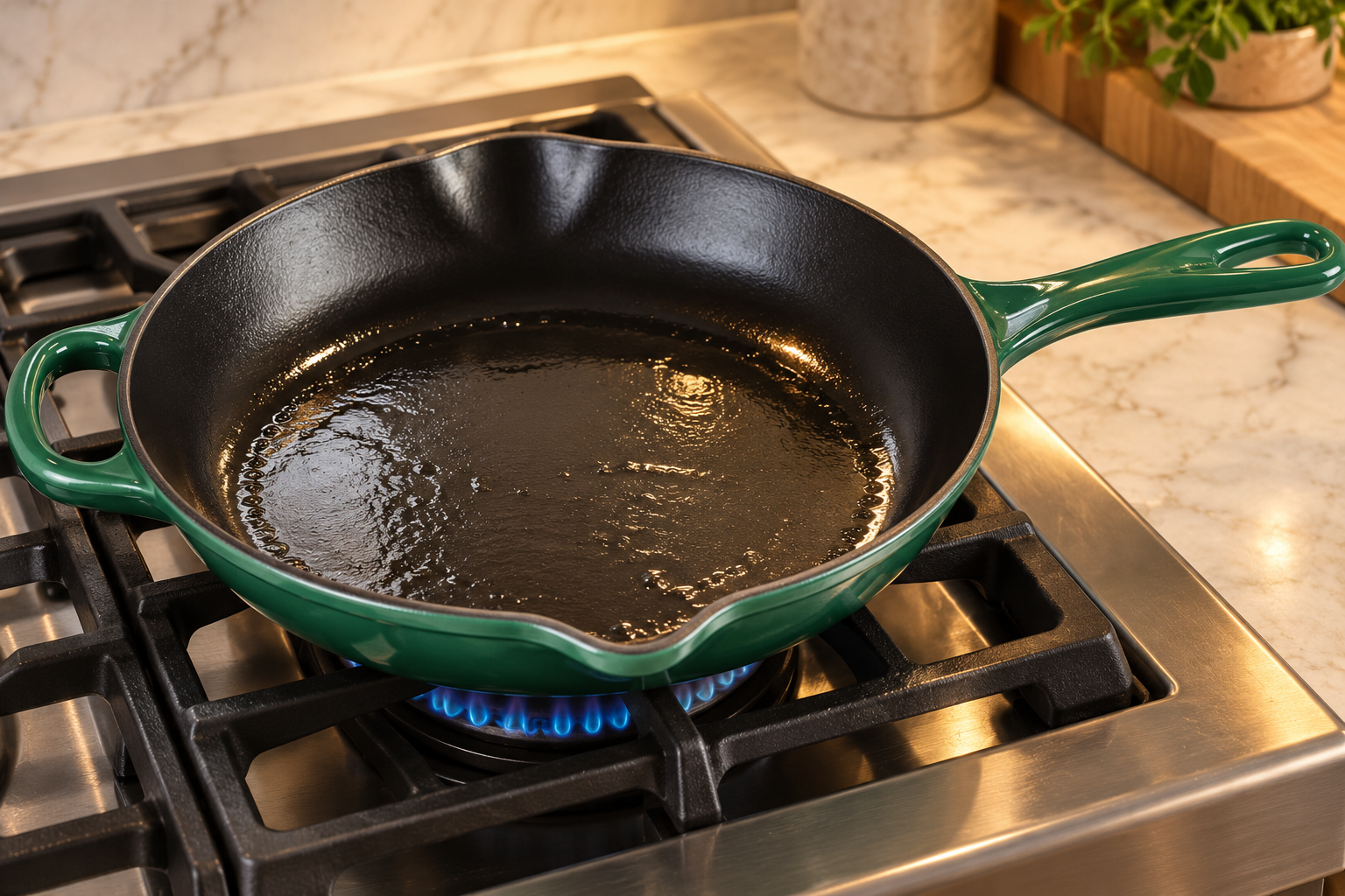Two to three tablespoons rendered fat shimmering in an Artichaut Le Creuset cast-iron skillet