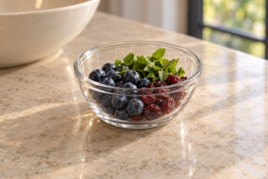 Reserved blueberries, unsweetened dried cranberries, and mint for garnishing the chopped salad
