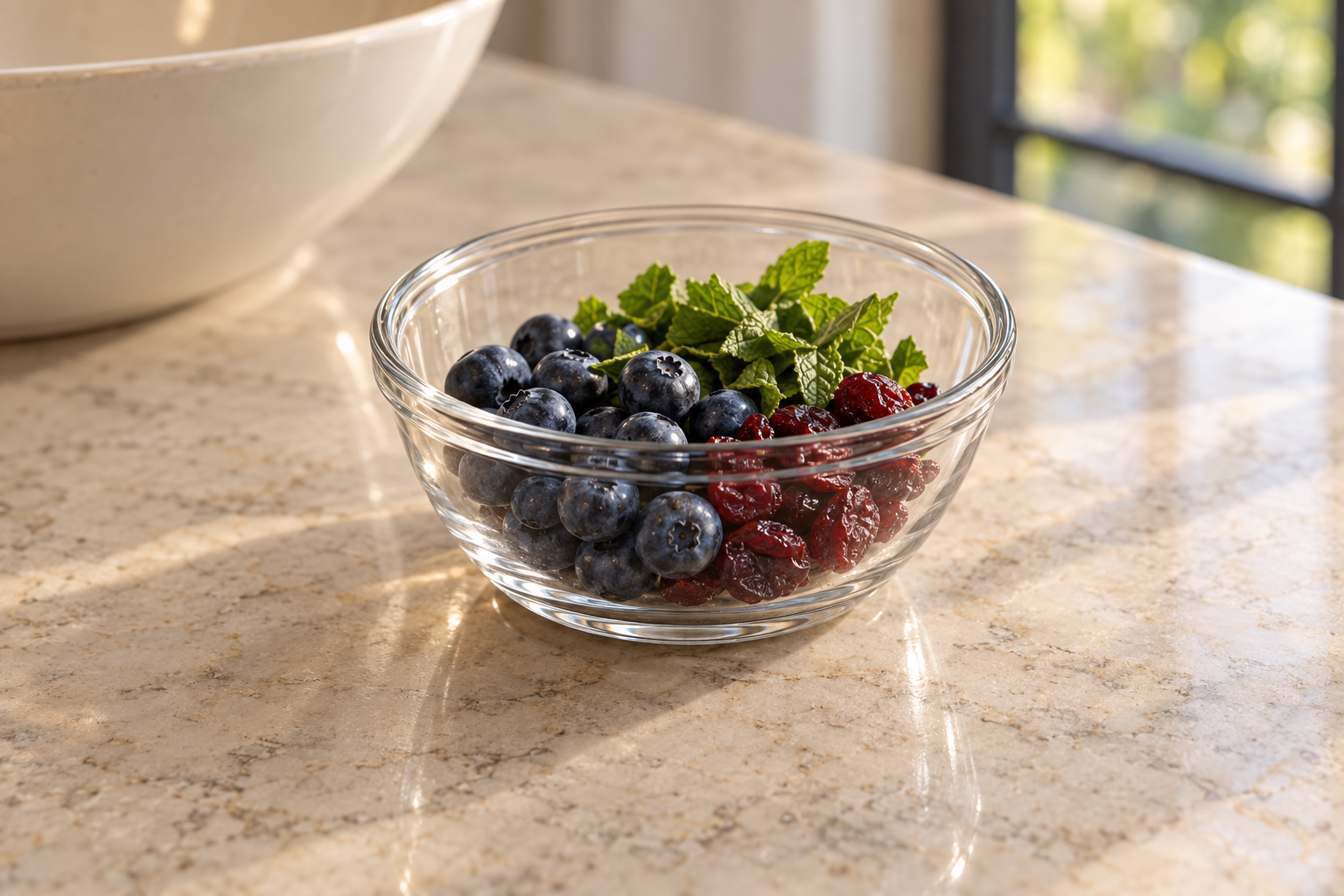 Reserved blueberries, unsweetened dried cranberries, and mint for garnishing the chopped salad