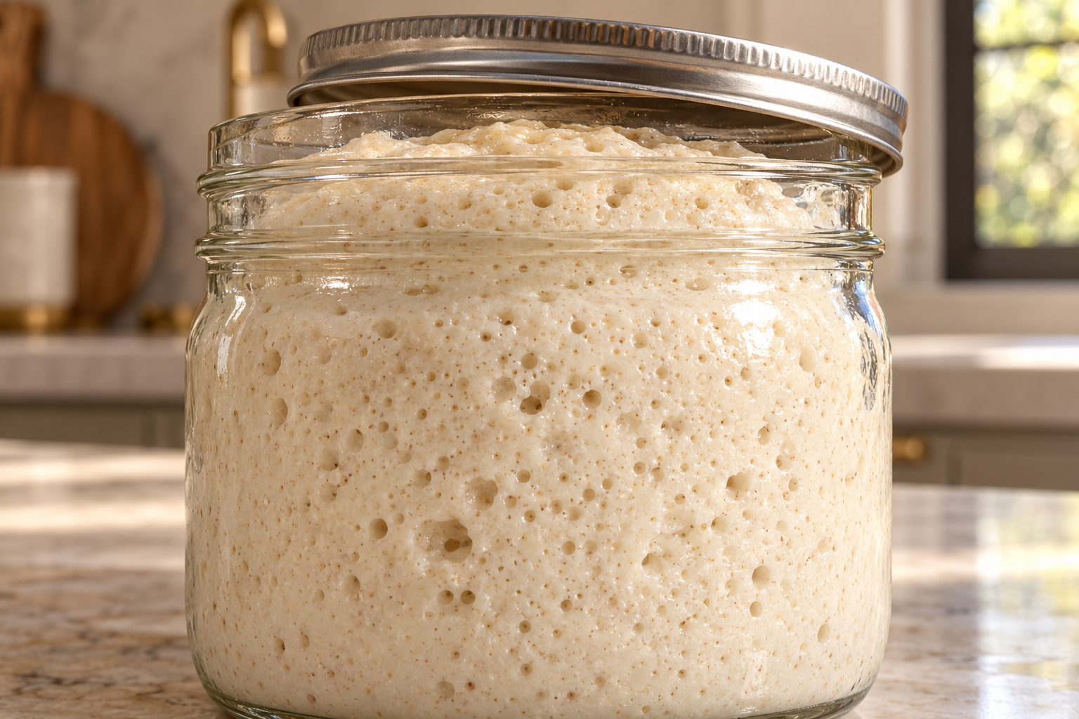 Loose-covered glass jar of coconut-oil fermented macadamia cheese risen with sponge-like bubbles