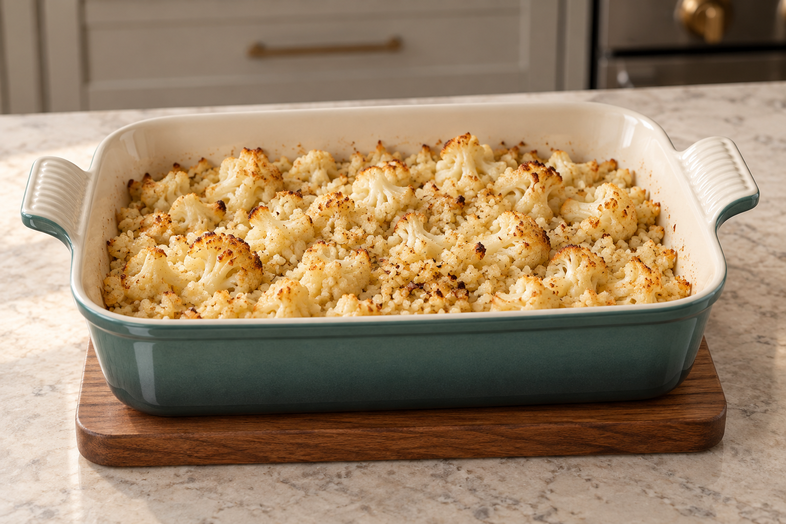 Roasted cauliflower florets and cauliflower rice in an Artichaut casserole dish