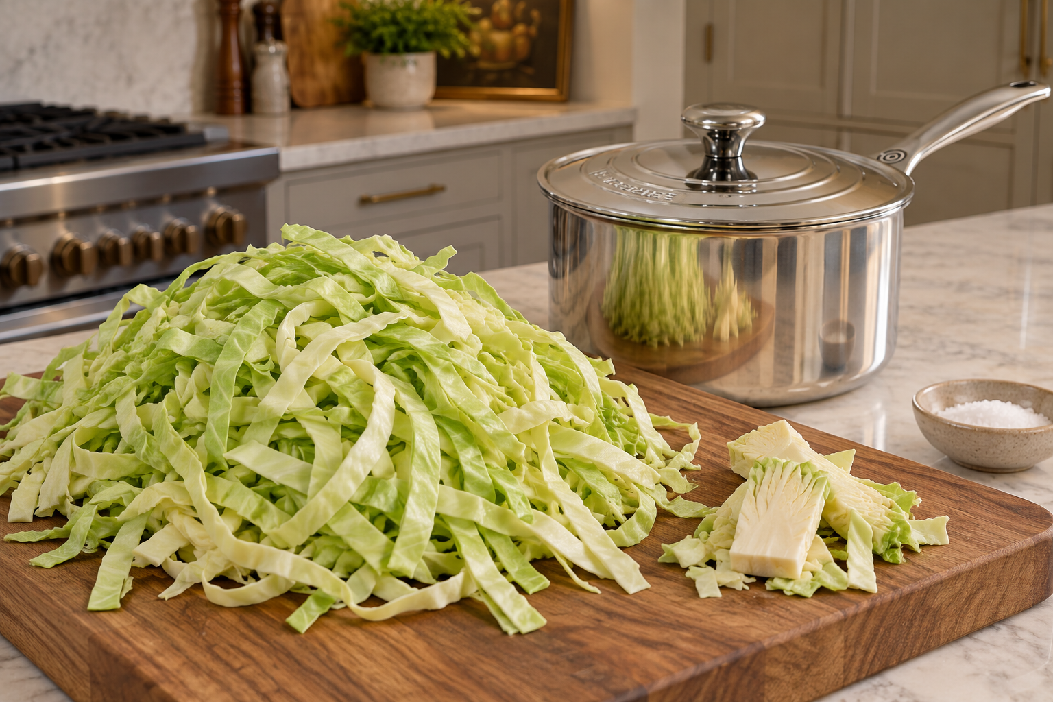 One head of raw green cabbage cut into uniform fettuccine-width ribbons beside a stainless saucepan