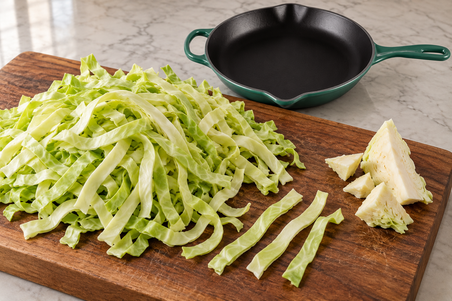 One head of green cabbage cut into fettuccine-width ribbons with the removed core beside an empty Artichaut skillet