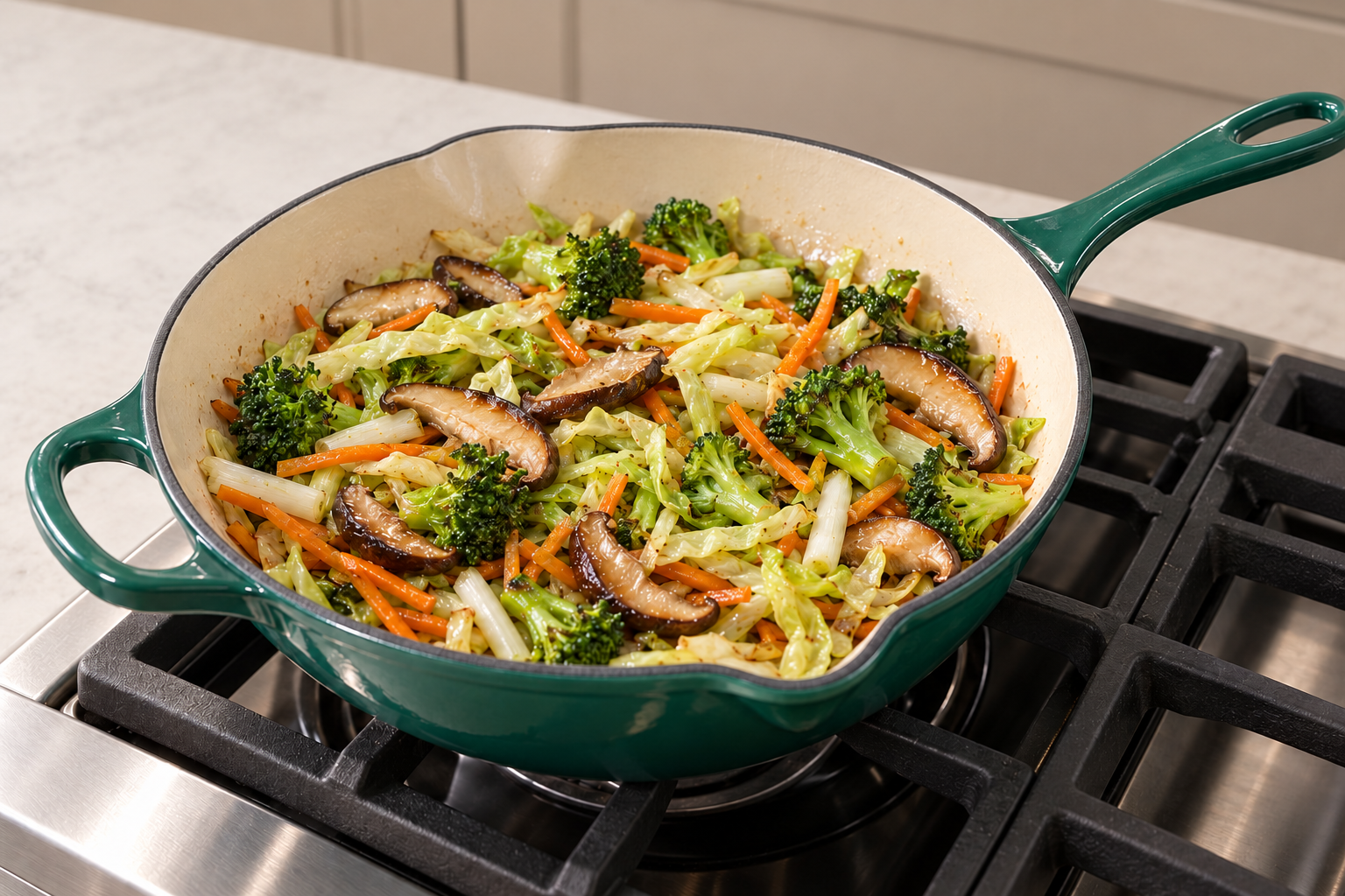 Broccoli cabbage shiitake carrot and green onion whites at slight-wilt stage in an Artichaut skillet