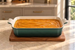 Smooth orange butternut squash filling spread evenly before adding pecan crumb
