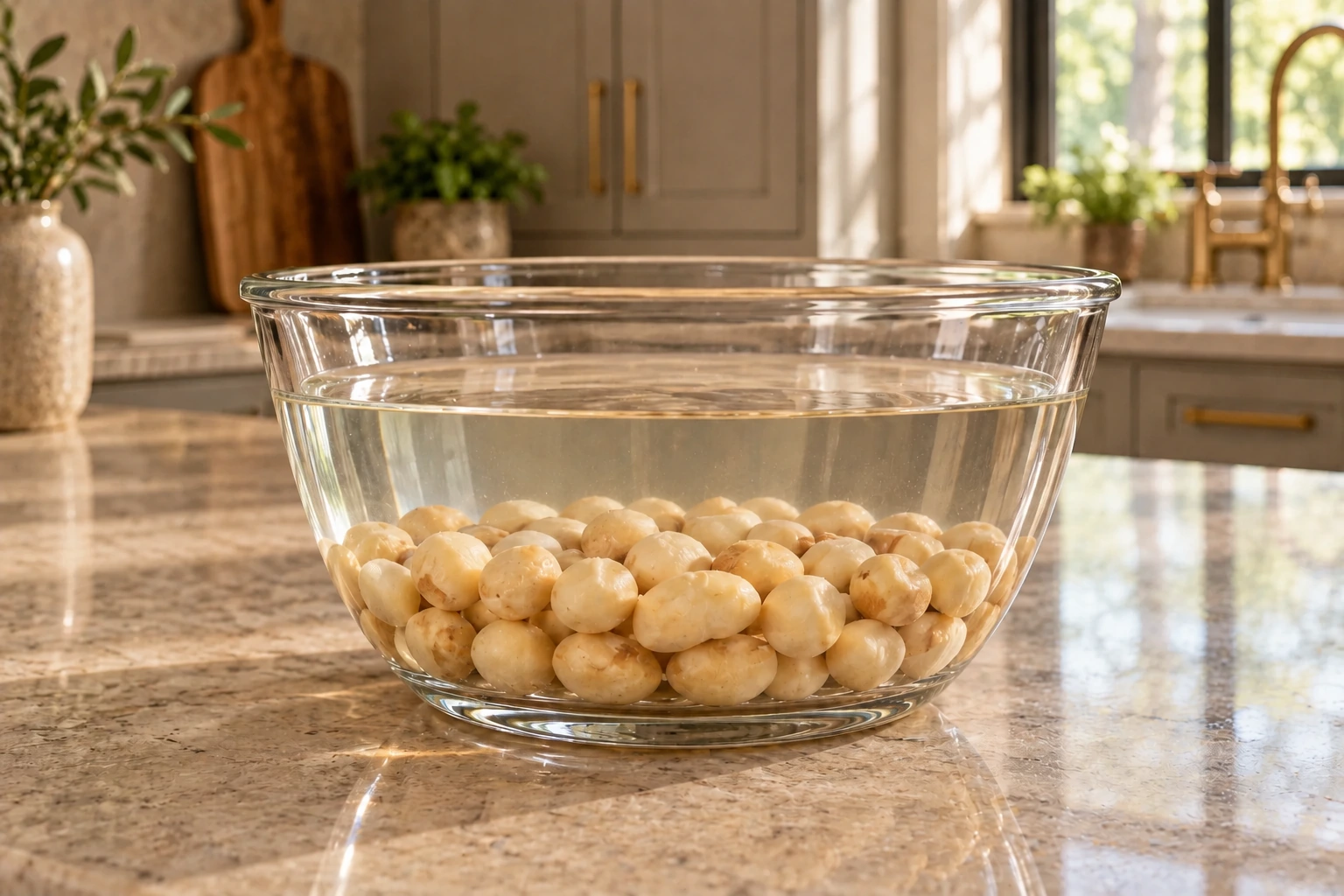 One cup macadamia nuts submerged under about two inches of warm salted water