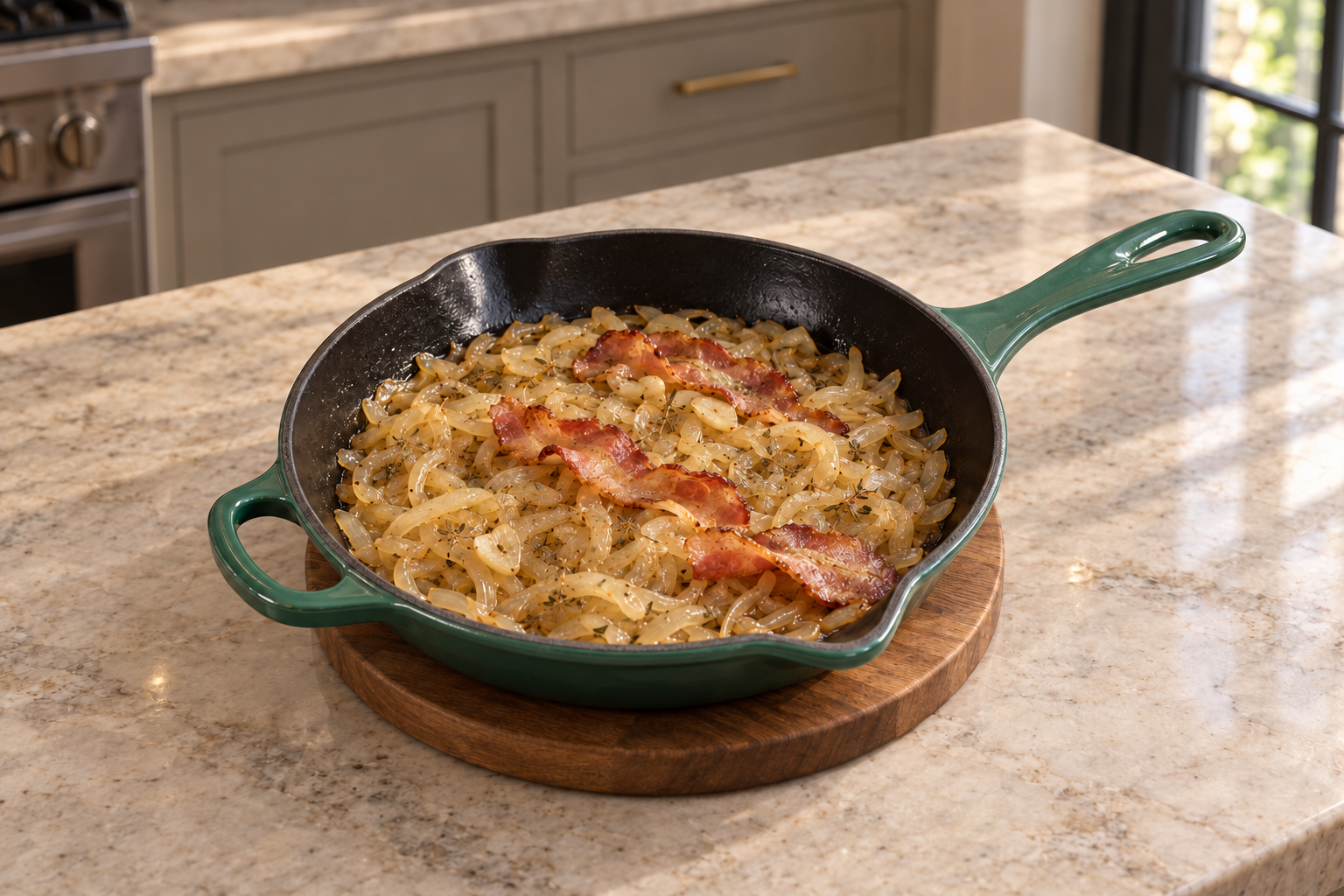 Softened onions and whole cooked bacon with dried herbs in an Artichaut skillet