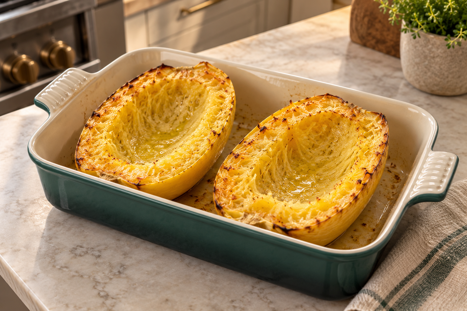 Softened spaghetti squash halves with seeds removed and a thin coating of dairy-free cooking fat