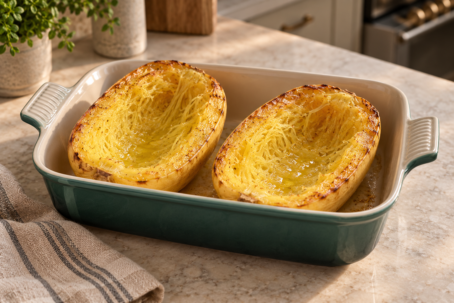 Roasted spaghetti squash halves with seeds removed and a thin coating of cooking fat in an Artichaut baking dish