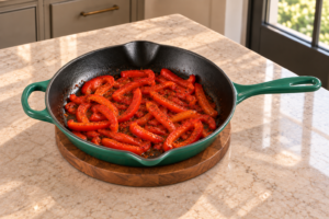 Wilted red pepper strips with ghee cumin paprika and dried thyme before adding sauce