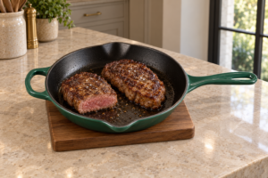 Pan-fried top sirloin with browned crust and a warm pink center in an Artichaut skillet