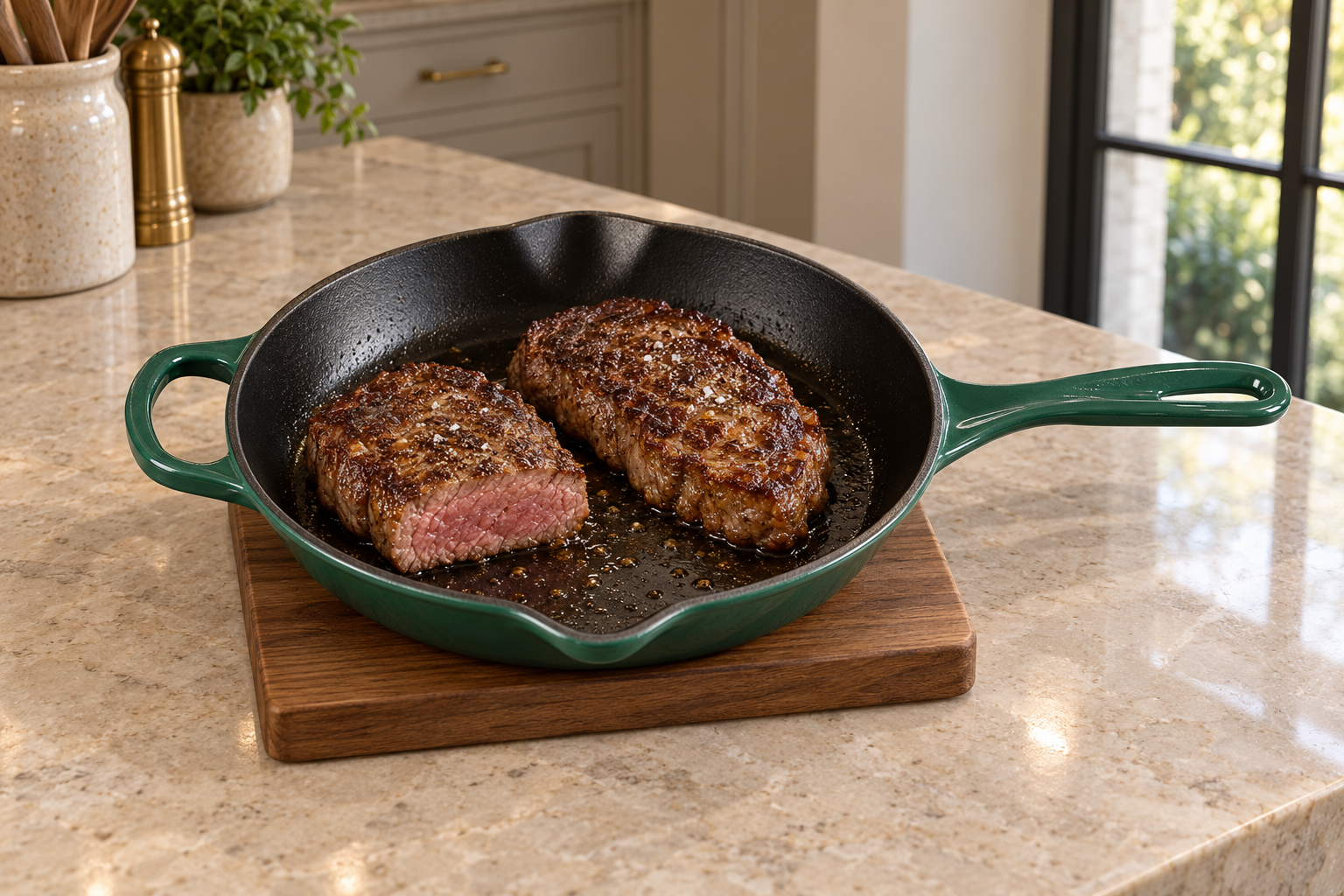 Pan-fried top sirloin with browned crust and a warm pink center in an Artichaut skillet