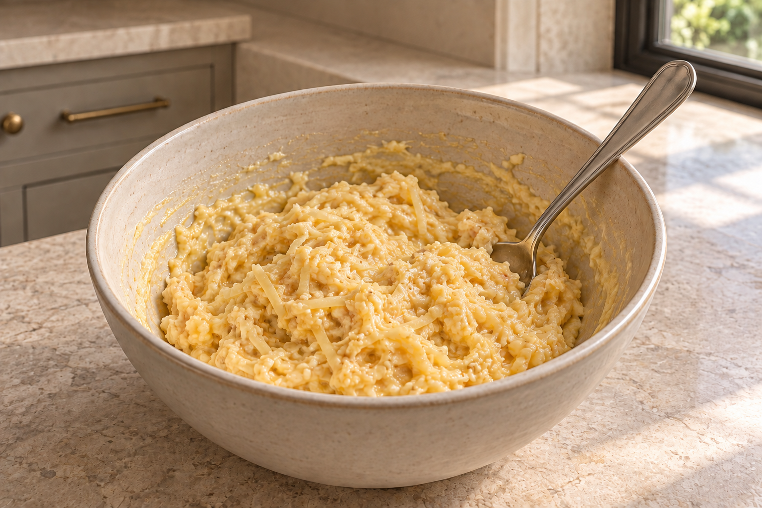 Thick almond flour egg and aged cheese batter in a ceramic mixing bowl