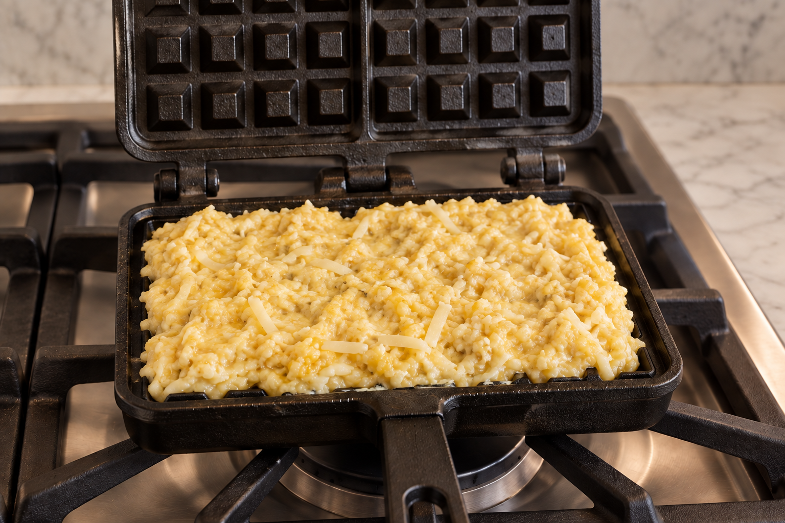 Thick coconut flour egg and aged cheese batter spread in a cast-iron waffle iron