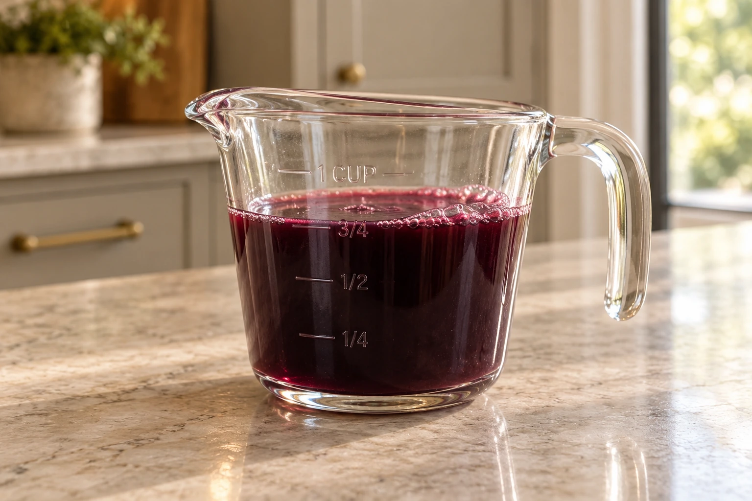 Three-quarter cup freshly pressed Concord grape juice in one glass measuring cup