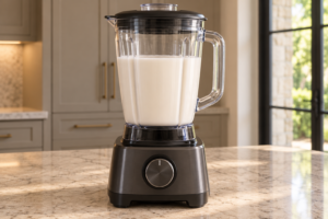 Uniform white coconut milk raw honey lime and salt base in a stopped blender