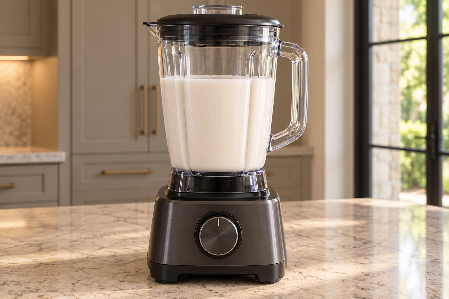 Uniform white coconut milk raw honey lime and salt base in a stopped blender