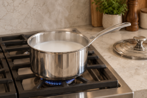 Homemade coconut milk steaming without simmering in a Le Creuset stainless saucepan