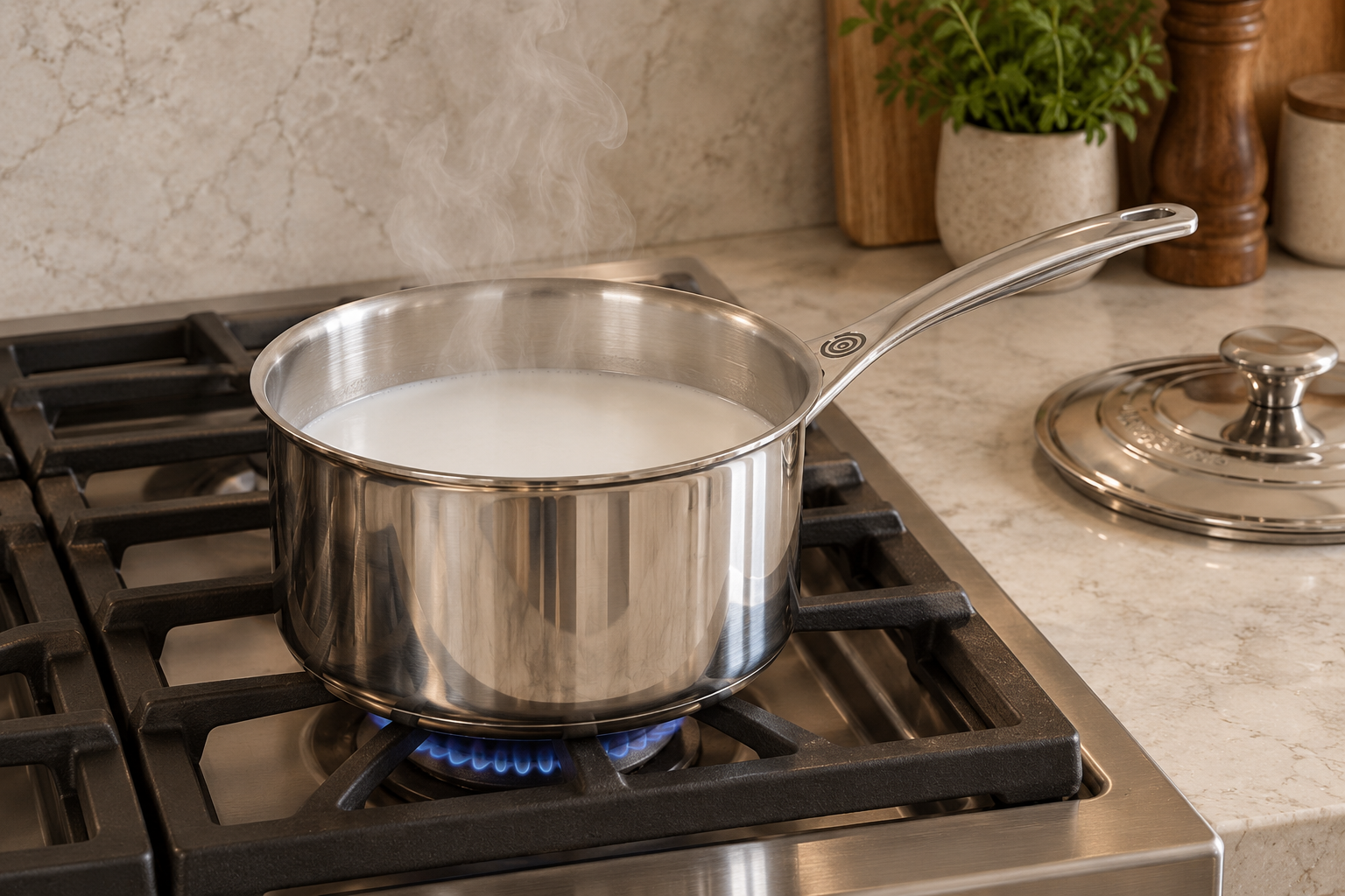 Homemade coconut milk steaming without simmering in a Le Creuset stainless saucepan
