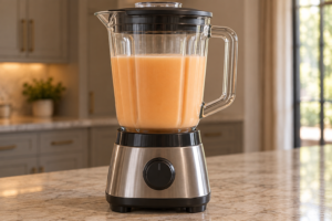 Smooth cantaloupe, water, honey, and vanilla mixture in a stopped blender before sour cream is added