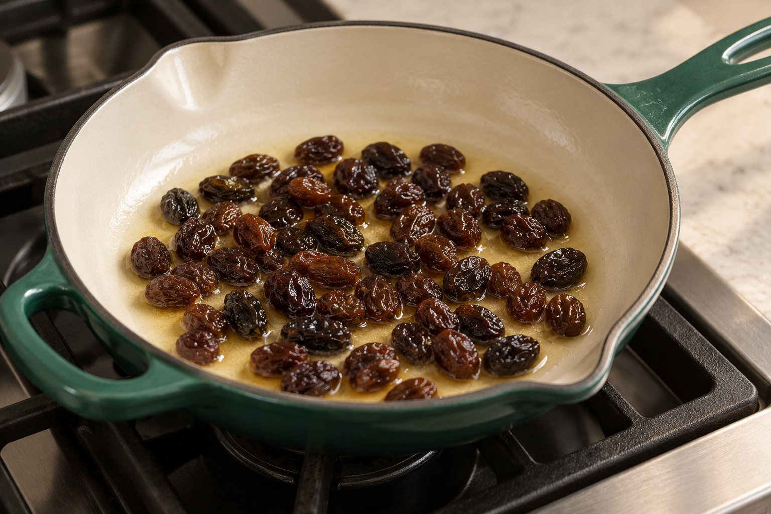 Raisins softening in ghee in a Le Creuset Artichaut skillet