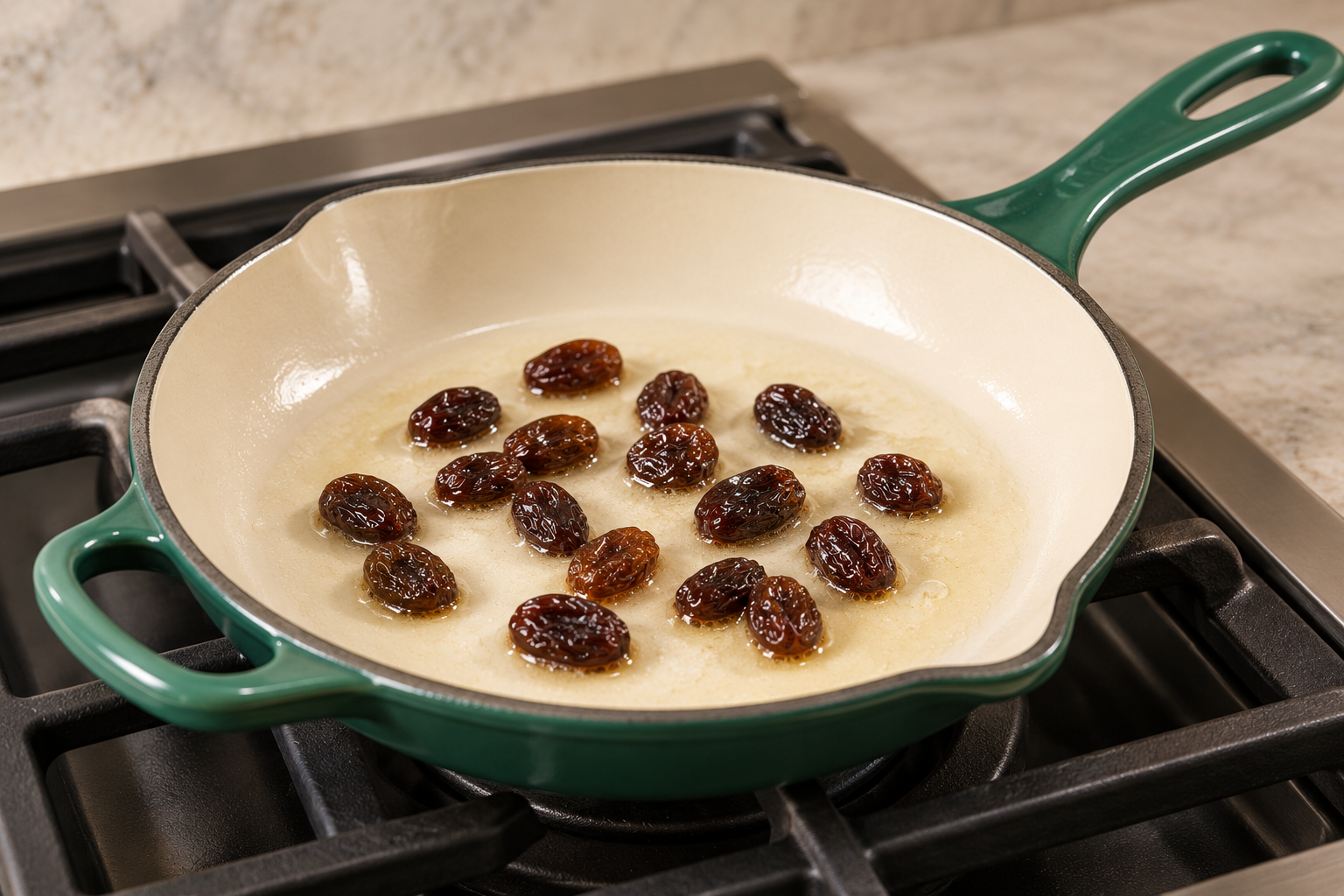 Raisins softening in butter in a Le Creuset Artichaut skillet