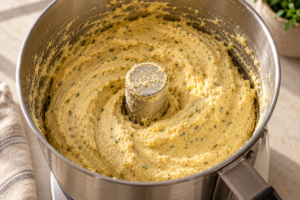 Thick almond flour herb bread batter after blending in a stainless food processor bowl