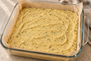 Thick herb bread batter spread evenly in a parchment-lined square glass dish