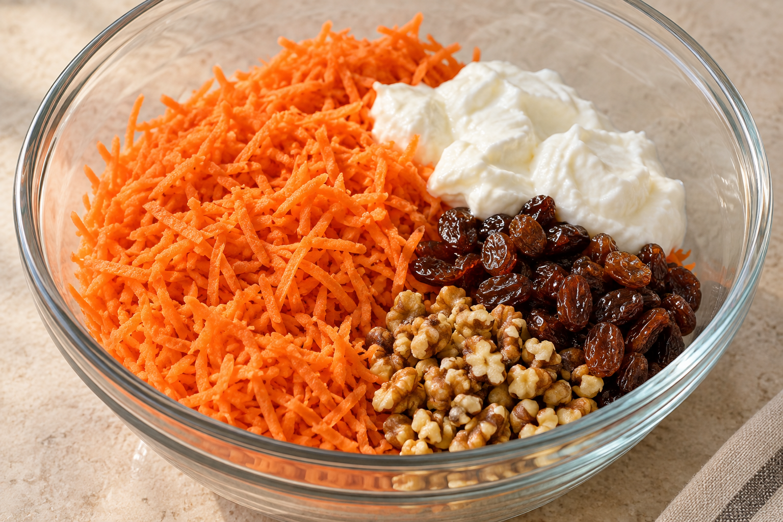 Raw grated carrots, softened raisins, walnuts, and yogurt before mixing