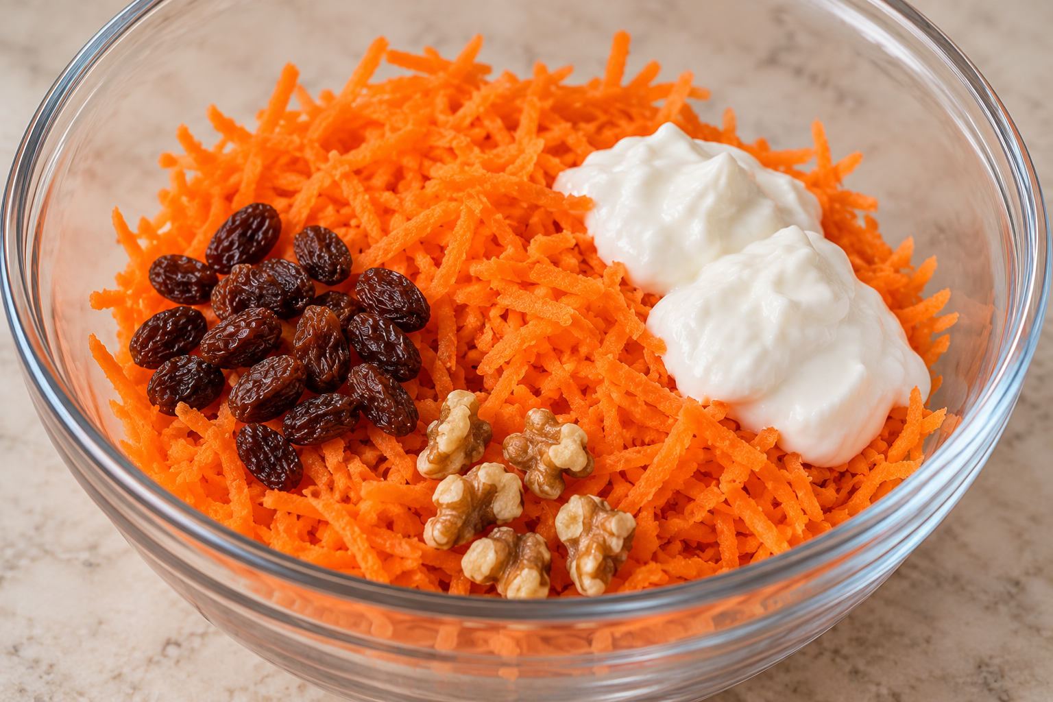 Grated carrot, softened raisins, walnuts, and yogurt before mixing