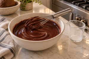Homemade coconut milk whisked into cocoa ganache until smooth glossy and medium thick