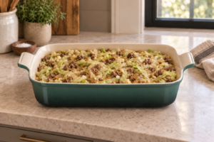 Raw cabbage beef cauliflower rice and ginger sauce assembled in an Artichaut baking dish before the oven