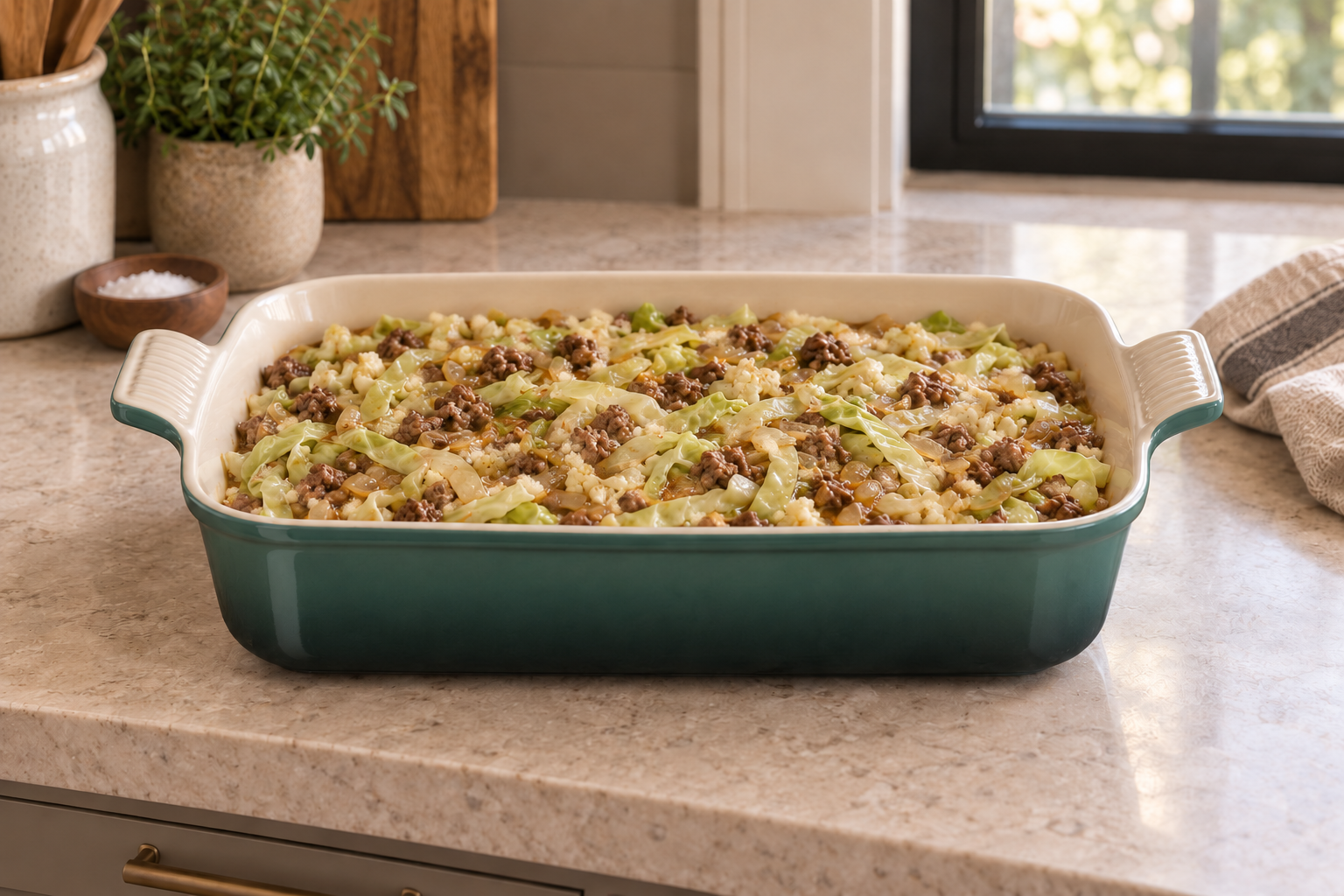 Raw cabbage beef cauliflower rice and ginger sauce assembled in an Artichaut baking dish before the oven