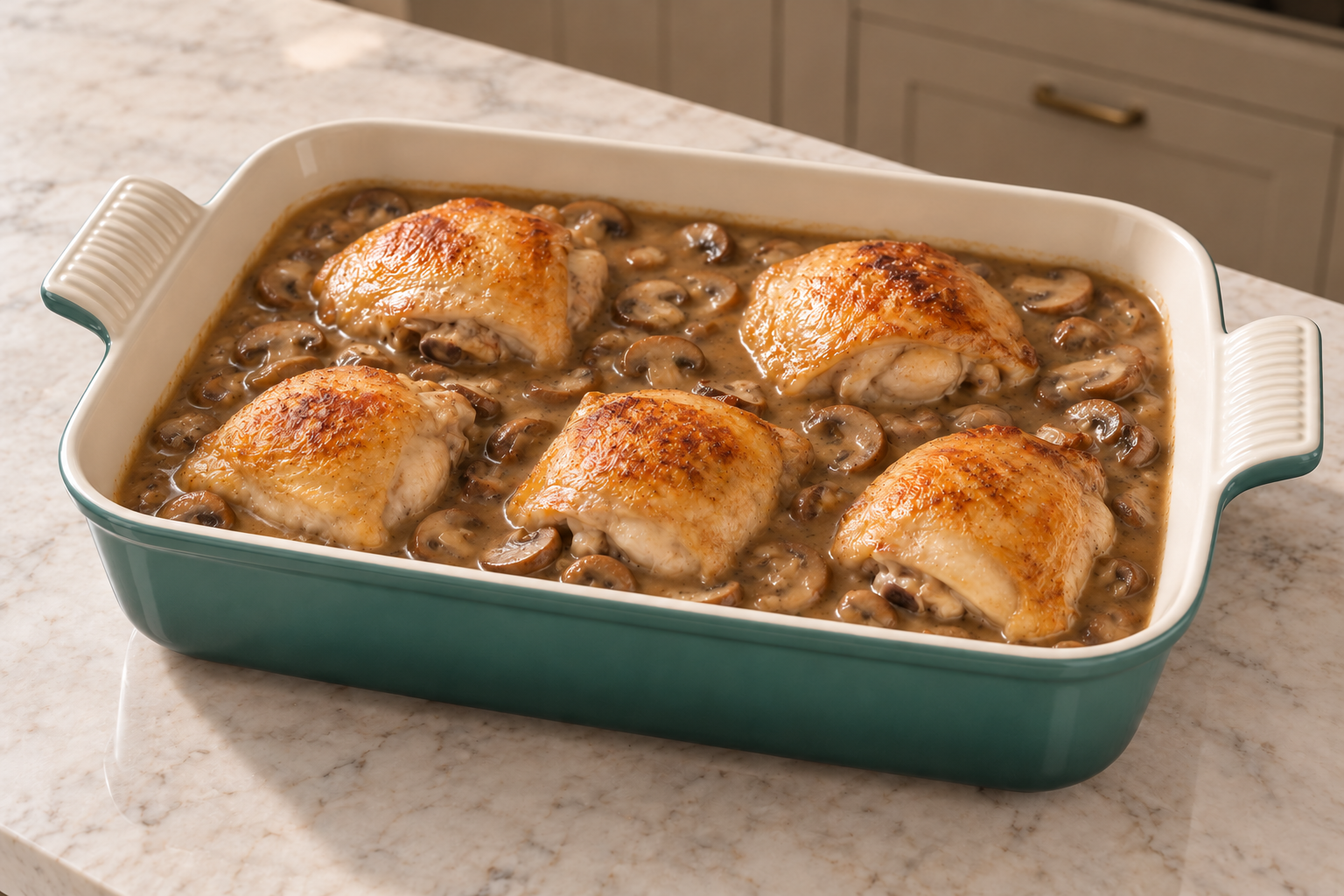 Partially roasted chicken assembled over brown mushroom gravy before the final bake