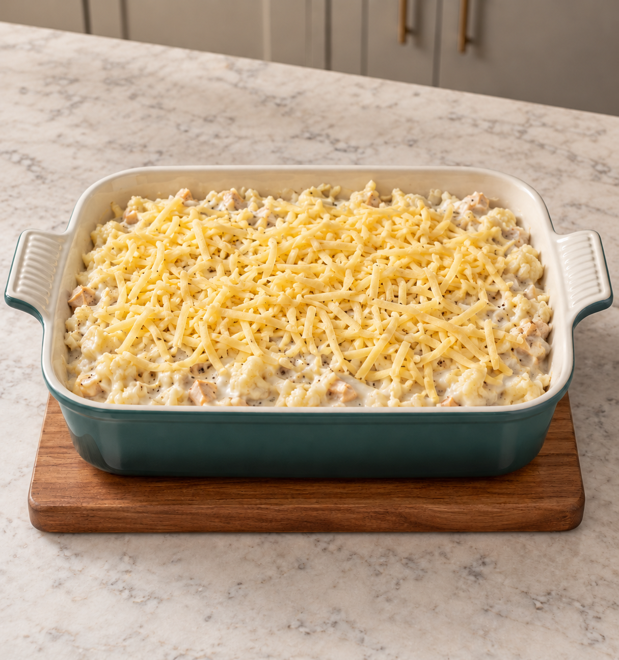 Cauliflower chicken casserole topped with unmelted cheddar before baking