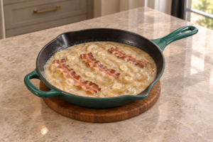 Onions and bacon simmered in coconut milk and meat stock before blending