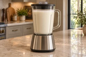 Smooth pale macadamia nut milk at the exact blender endpoint