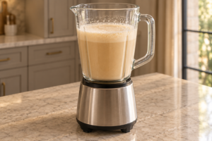 Blended Butter Tea with fine foam in a glass blender