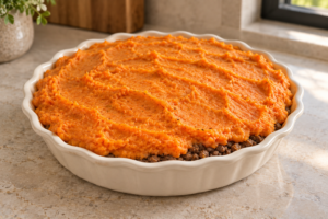 Smooth mashed carrot topping spread over the cooked beef layer before baking