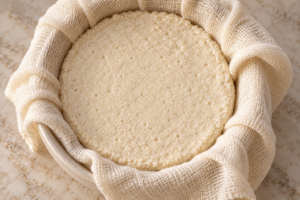 Fermented macadamia cheese pressed into an oiled cheesecloth-lined ceramic mold before dehydration
