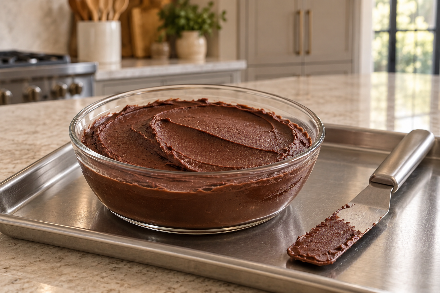 Gelatin cocoa frosting beginning to set after a brief chill on a supported tray
