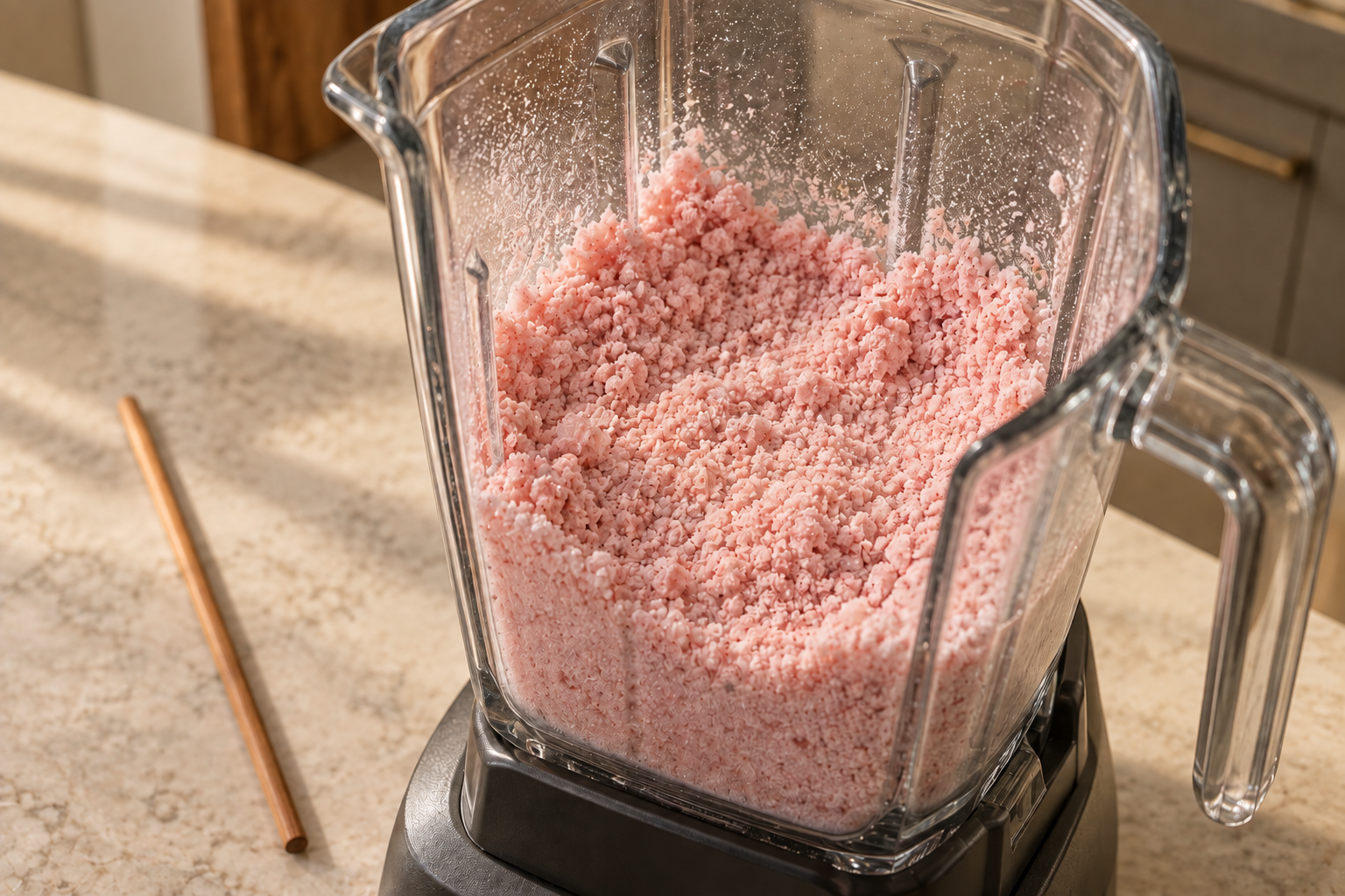 Coarse pale pink frozen strawberry and coconut milk powder in a glass blender before liquid is added