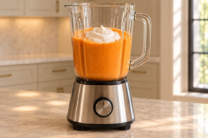 Homemade coconut cream added to smooth carrot yogurt slush before the final blend