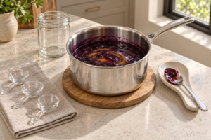 Three tablespoons raw honey stirred into cooled lime-blueberry mixture off heat