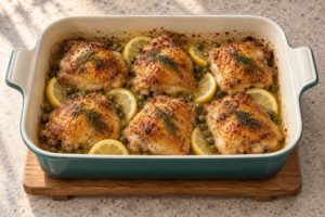 Six golden crisp chicken thighs with lemon capers and dill in an Artichaut baking dish