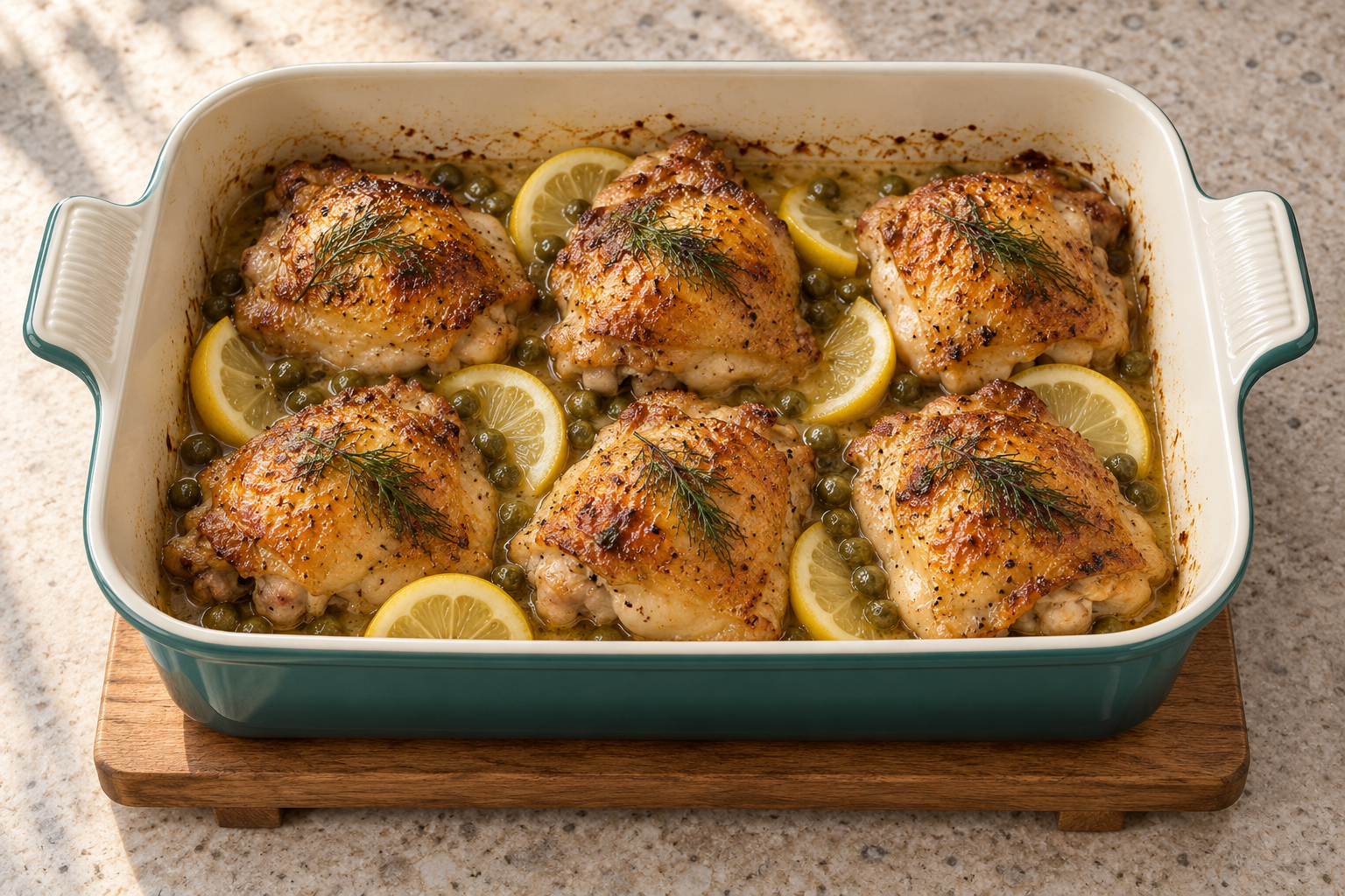 Six golden crisp chicken thighs with lemon capers and dill in an Artichaut baking dish