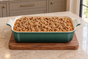 Raw pecan crumb spread over butternut squash filling before baking or freezing