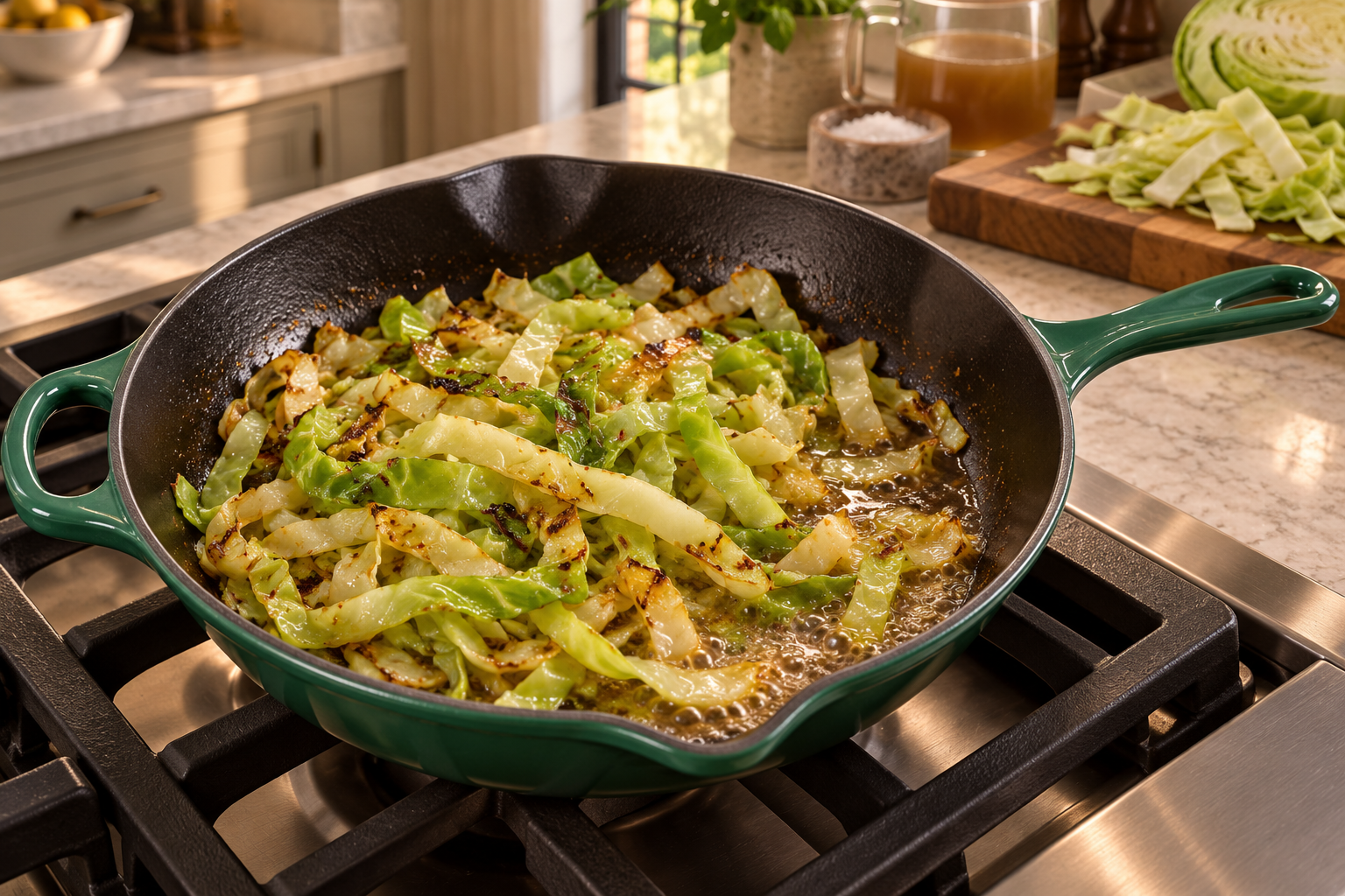 Cabbage ribbons with browned edges bubbling in a small amount of meat stock during the deglazing stage