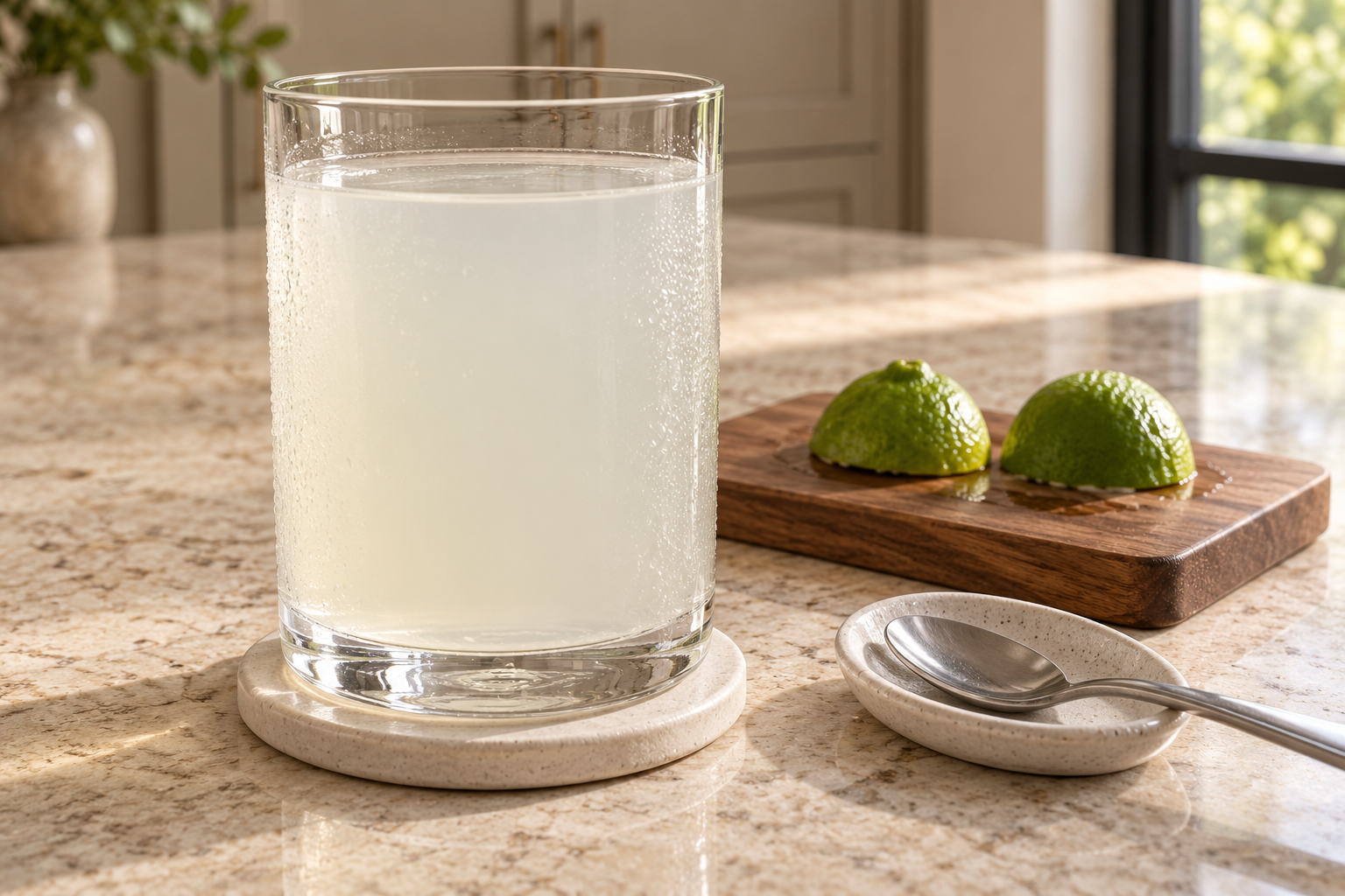 Finished coconut water electrolyte drink after stirring until the natural salt dissolves